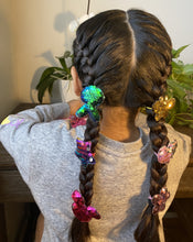 Load image into Gallery viewer, 7-Pack of Sparkly Reversible Sequin Hair Ties (Flower, Heart, Mermaid Tail, Butterfly, Star, Mouse Ears, Bear)