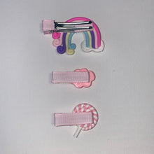 Load image into Gallery viewer, 3-Pack Cute Handmade hair clips (Each set includes: Rainbow, Cloud, &amp; Lollipop)
