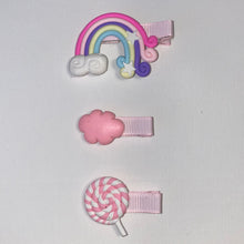 Load image into Gallery viewer, 3-Pack Cute Handmade hair clips (Each set includes: Rainbow, Cloud, &amp; Lollipop)
