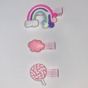 3-Pack Cute Handmade hair clips (Each set includes: Rainbow, Cloud, & Lollipop)